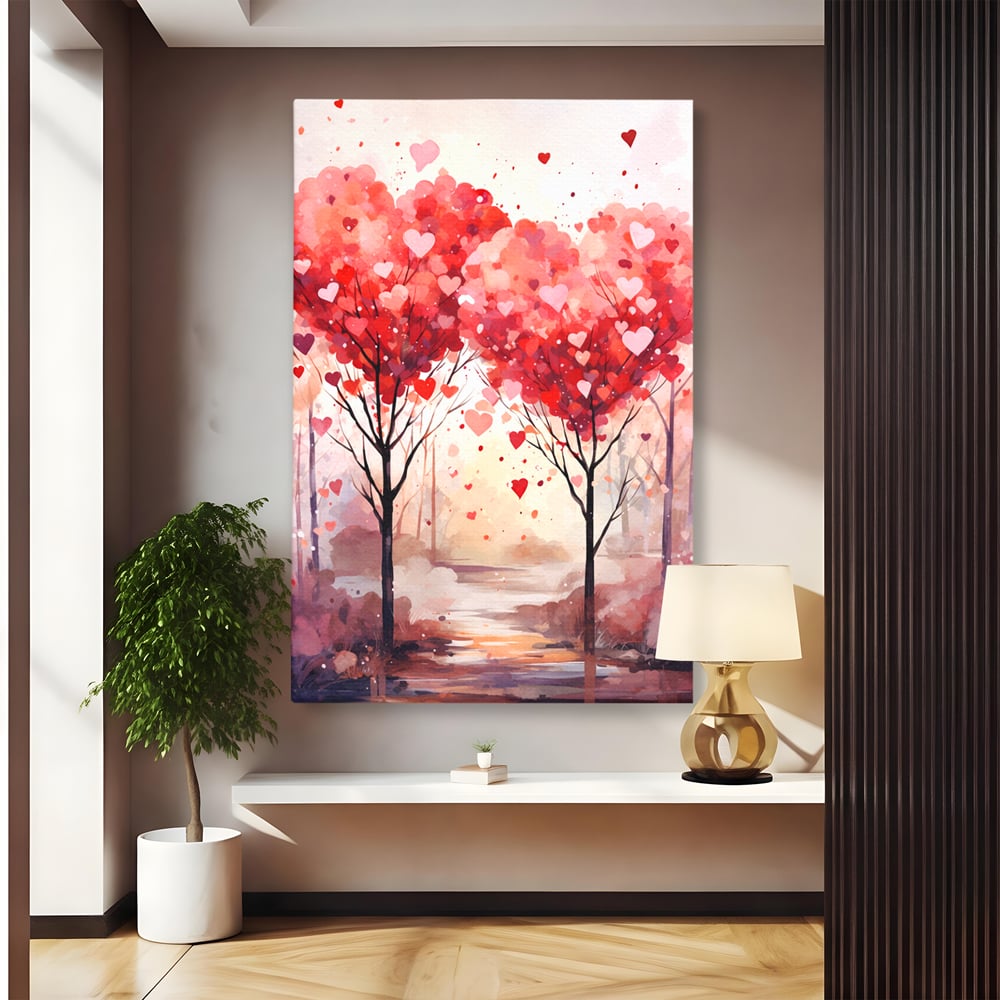 Tablou canvas cu tablou canvas cu doi copaci in forma de inimi, fara rama, pe sasiu de lemn